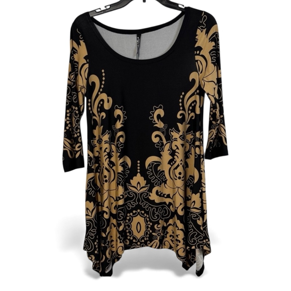White Mark Top Black & Tan A-Line Tunic 3/4 Sleeve in Size M ‎ NWT